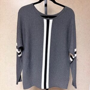 Lety Me M Womens Gray Knit Pullover Black‎ White Stripped Casual Relaxed Sweater